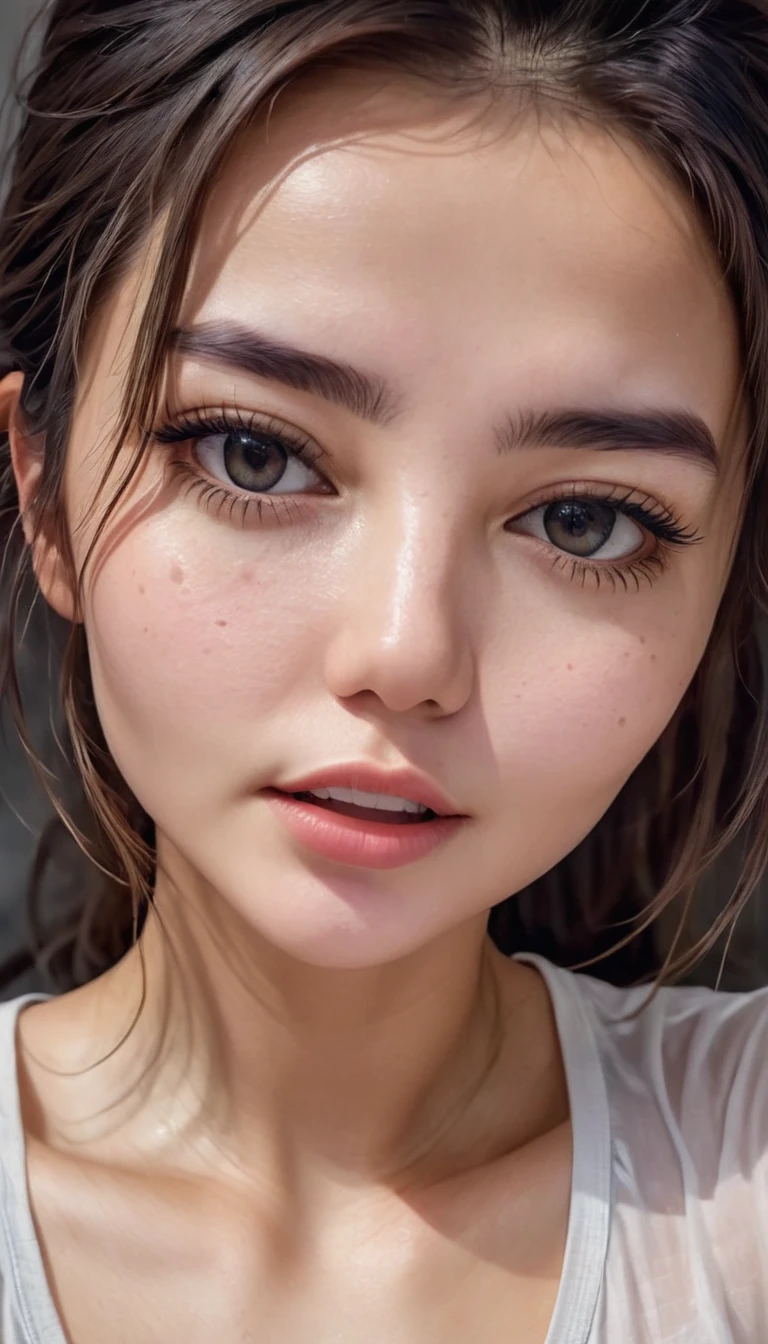 a girl take a selfie with a thin shirt , HIGHRES, clean face, with accurate face, solo, upper body, potrait, close up potrait, portait photo profile picture, REALISTIC , PHOTOREAL, messy hair, open mouth, perfect face, best image, HIGH RESOLUTION