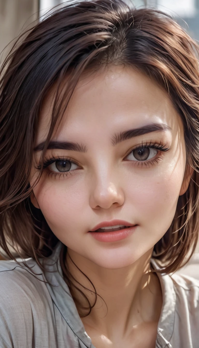 a girl take a selfie with a thin shirt , HIGHRES, clean face, with accurate face, solo, upper body, potrait, close up potrait, portait photo profile picture, REALISTIC , PHOTOREAL, messy hair, open mouth, perfect face, best image, HIGH RESOLUTION