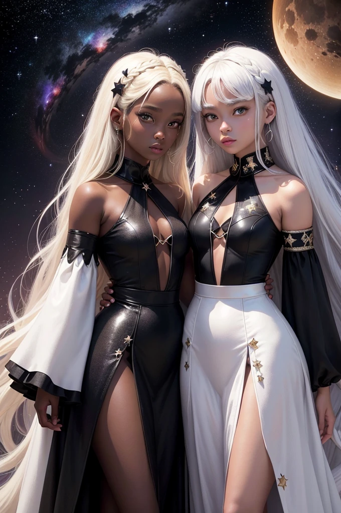 black twin sisters, moon and sun, magie, background of a galaxy, one with blonde hair and the other with white hair, [[dark ski]], afro, darkskin, wearing magical clothes full of stars, one white and one black outfit