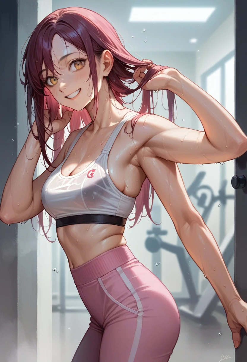 Sakurauchi riko, cowboy shot, pink skinny sweet pants, tight gym bra, sweating,sweat drops , slightly smile, (cleavage:0.7),unstyled hair,wet hair,yellow eyes, (from side:0.677),thicc legs, standing, (one leg up:0.7), realistic art , curvy body 