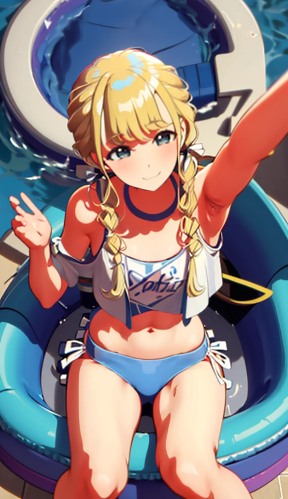 Blonde, on the sea, sitting on a swim ring, wearing a bikini, cute smile, stretching one arm out, splashing water, flushed cheeks, top view, close-up, wearing a bikini, armpit
