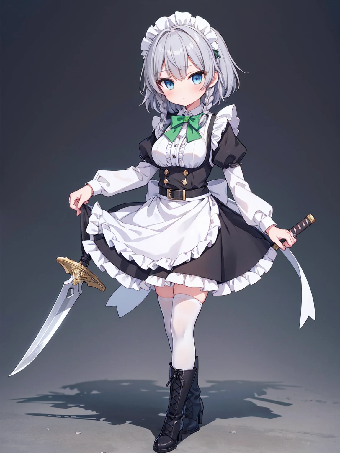 masterpiece, top quality, super detailed, CG illustration, high resolution, better lighting, best shadows, very delicate and beautiful, proper shading, hd, 8k,izayoi sakuya, 1girl, solo, breasts, looking at viewer, short hair, bangs, blue eyes, skirt, simple background, shirt, thighhighs, long sleeves, white background, bow, ribbon, holding, standing, full body, white shirt, weapon, braid, hair bow, grey hair, boots, frills, alternate costume, striped, belt, sword, black skirt, cape, black footwear, holding weapon, apron, high heels, twin braids, white thighhighs, maid, maid headdress, frilled skirt, knife, sheath, adapted costume, waist apron, white apron, green bow, high heel boots, epaulettes, green ribbon, petticoat, holster, striped skirt