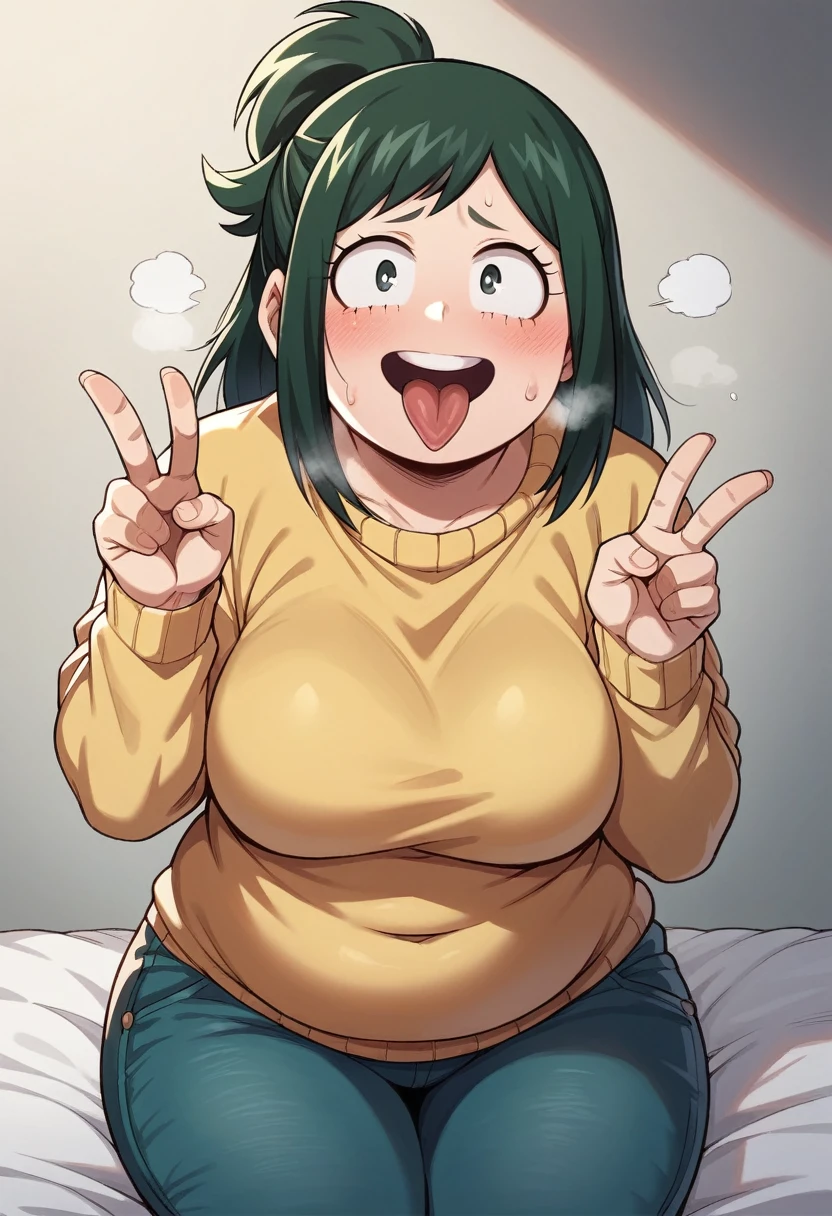Anime Screenshot, chubby, milf, shy, pudgy face, large round eyes, dark green hair, ponytail, sweater, peace signs, sticking tongue out of mouth, sweating, nervous smile, slightly open mouth, huffing breath, wearing jeans, My Hero Academia style, Inko Midoriya from my Hero Academia