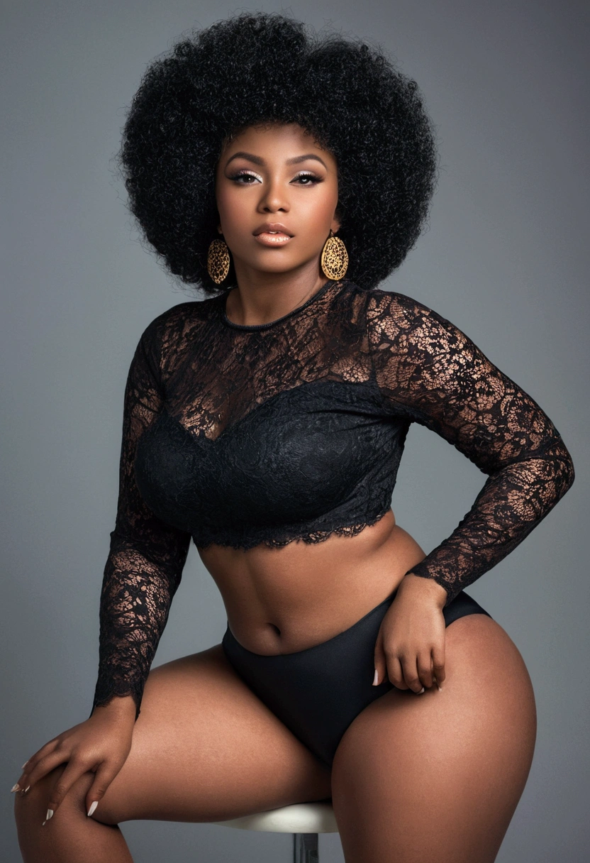 Feminine girl, black afro hair, dark skin, curvy model (hips, buttocks), perfect anatomy (perfect hands and face), photo studio (lace clothes), professional photography, sitting, gray background, makeup, lights, focus close up, curvy model, real, skin texture, canon camera focus, RAW photo