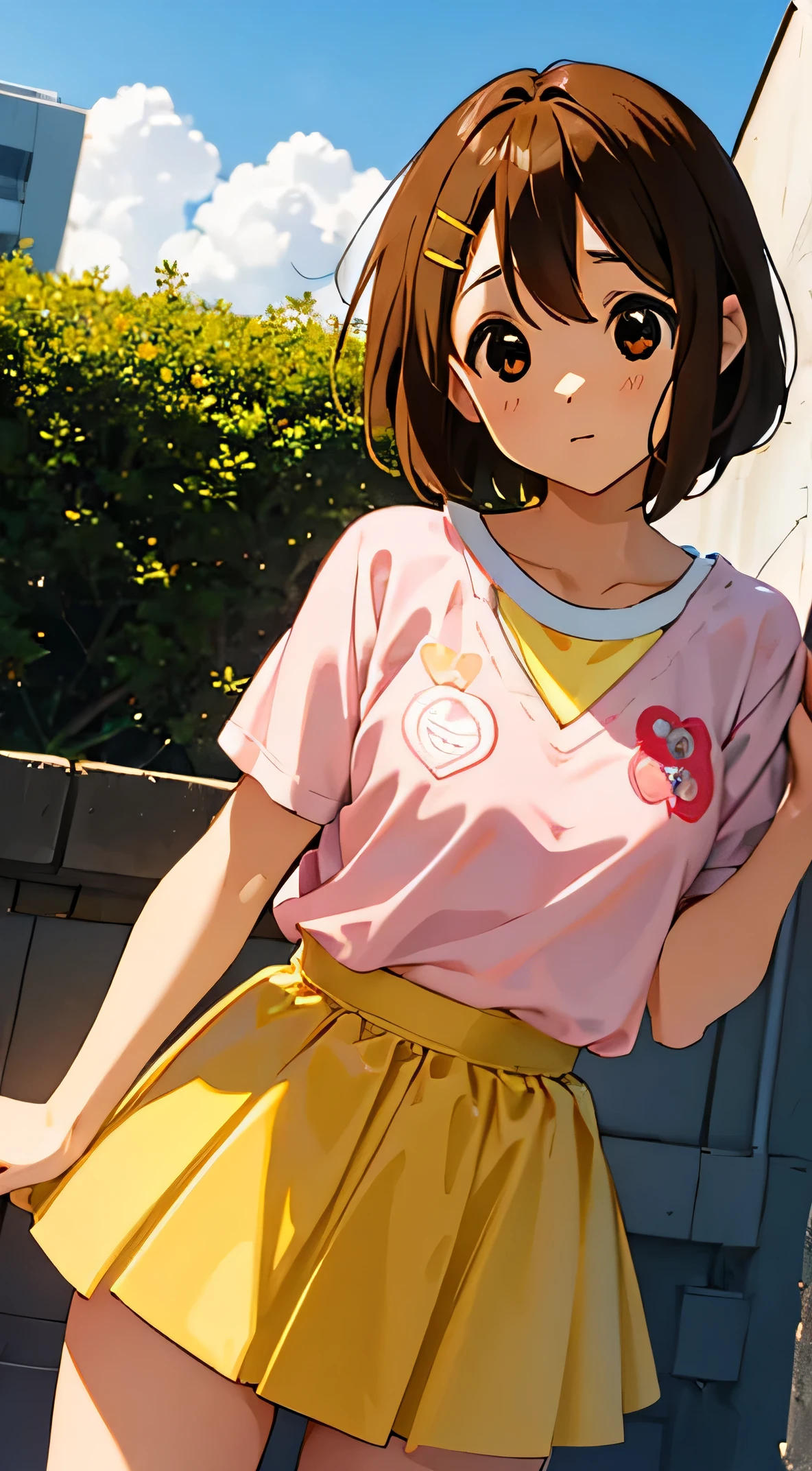 1girl, ​Hirasawa Yui, masterpiece, top-quality, top-quality, High Details, Twin-yellow hairpin, brown hair, brown eyes, pink tee, short slevved tee' yellow skirt, white skirt, short hair, daytime, outdoors, smling, HDR, (((up chest))).