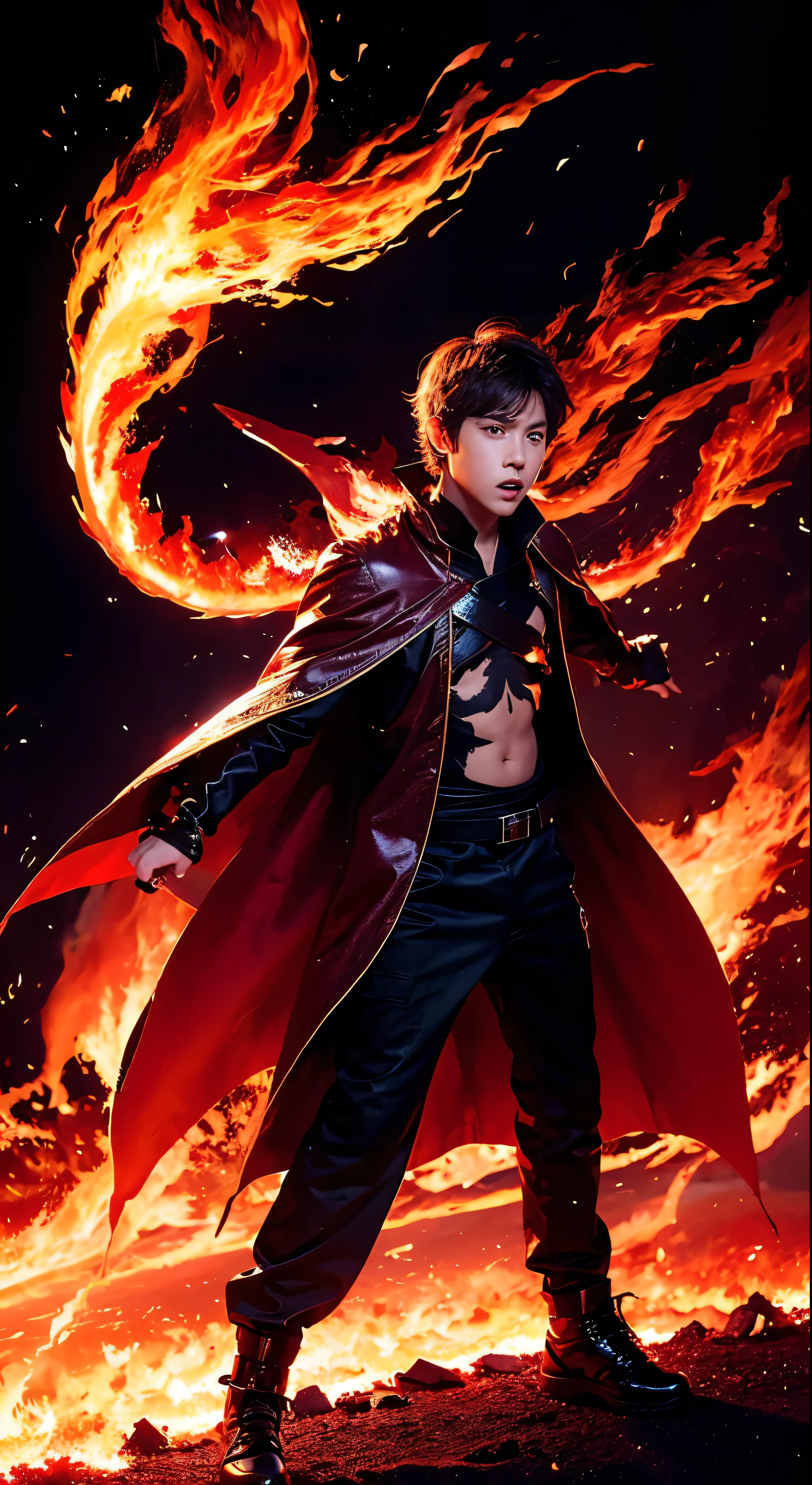 (1boy,solo),full body, gradient_background, ((burning,breathing fire, explosion,fiery tail)), torn clothes,cape,horns,holding_sword, 