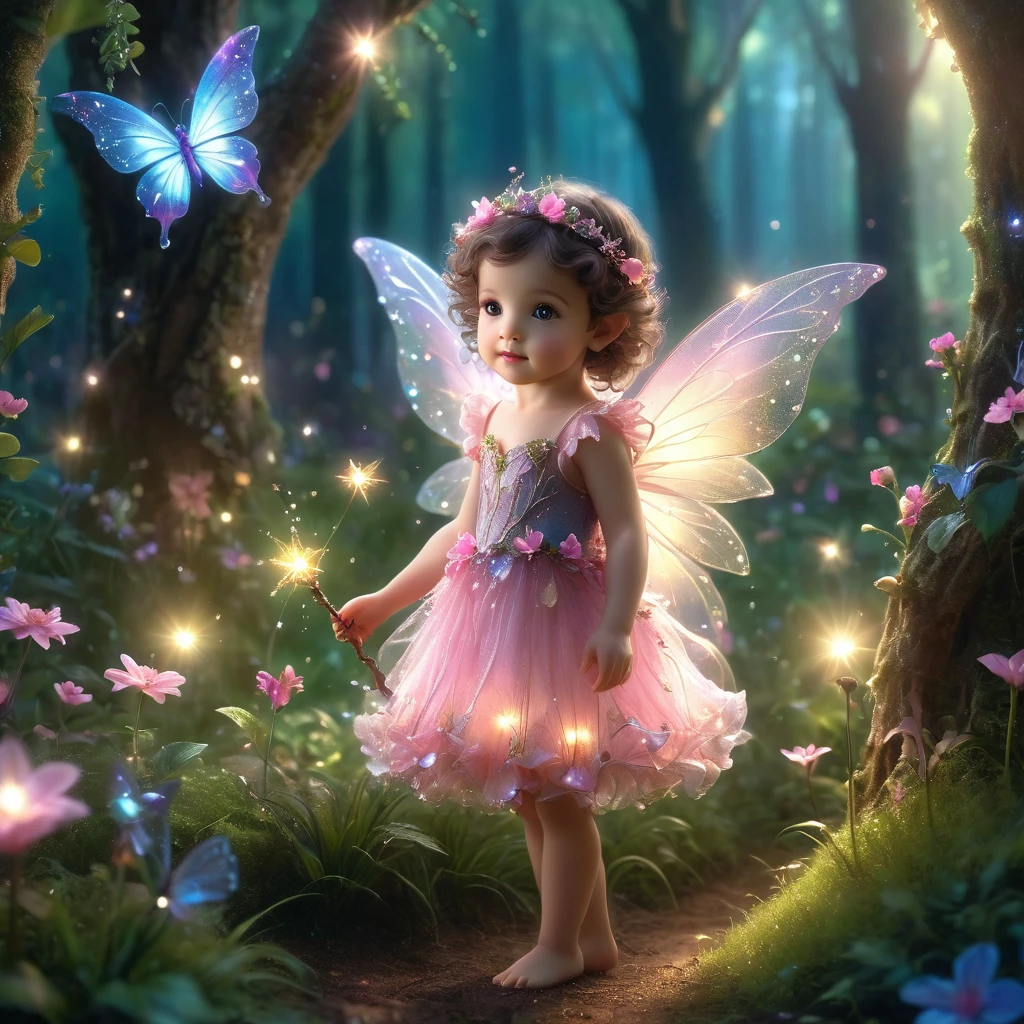 (best quality, 4k, 8k, high resolution, masterpiece: 1.2), ultra-detailed, realistic, little baby fairy standing in the forest, the fairy has fair skin, brown eyes and curly dark brown hair with well-defined curls, delicate fairy wings, wears a pink tulle dress decorated with translucent blue and pink flowers, bright fairy dust, soft and ethereal, intense sunlight, enchanted garden, resplendent dew drops, extravagant expression, fairy magic wand, small floral garland, vibrant green grass, majestic tall trees, gentle breeze, subtle warm tones, sublime lighting