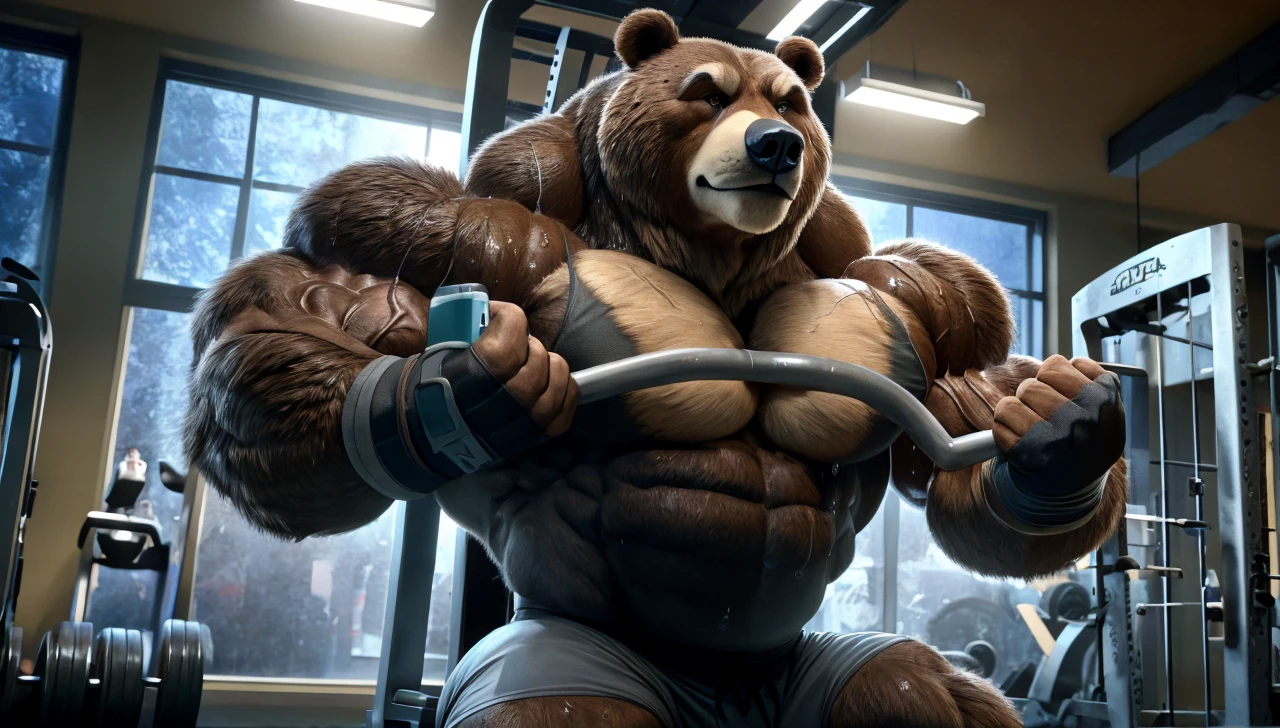 Big brown furry kodiak muscle bear with huge muscles with black gym shorts, black gym shoes and black wristbands and fingerless gloves, at the gym doing incline cable row flyes sweating off with veins