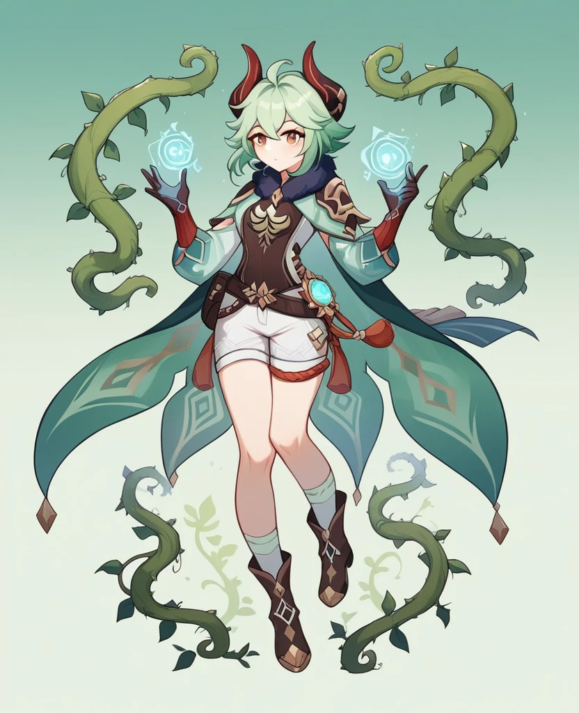 Make Genshin Impact ok. 1 girl, concept, vines on the hand and horns from the vines, full length, whole body, magic hunter, White shorts, SFV Genshin style