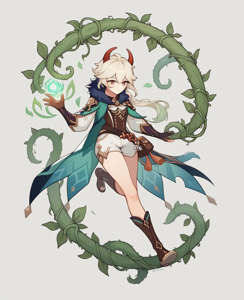 Make Genshin Impact ok. 1 girl, concept, vines on the hand and horns from the vines, full length, whole body, magic hunter, White shorts, SFV Genshin style