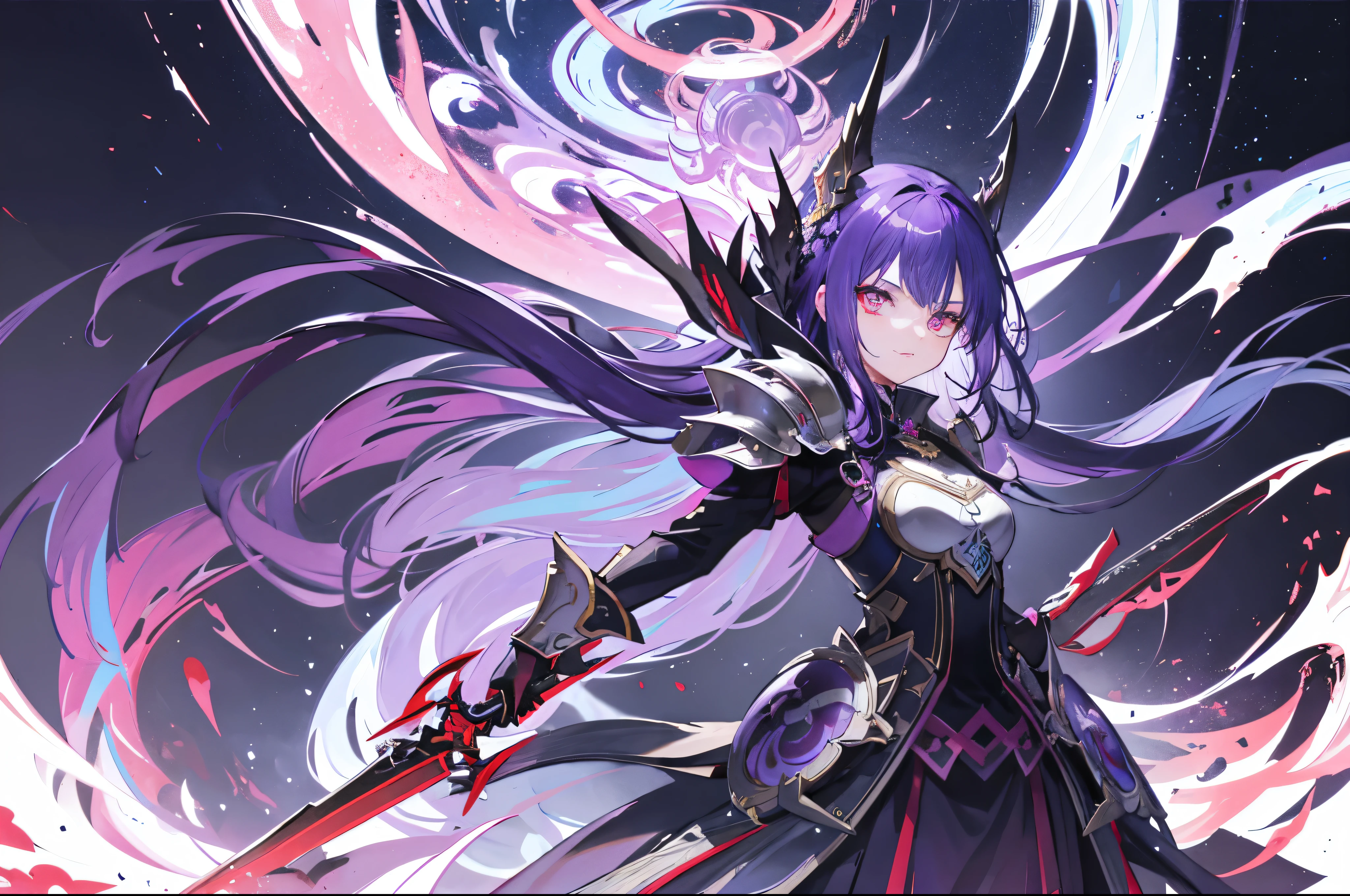 fantastic,epic,Poster style illustration,purple hair,A girl stands on armor,brandishing a sword,With dynamic and magical backgrounds,Prominent and well-designed typographic elements,stood up,confidence,Firm,brandishing a sword,epic title,enchanted forest,glowing runic text,blood red eyes,glowing eyes,glowing eyes,glowing eyes,Dark system
