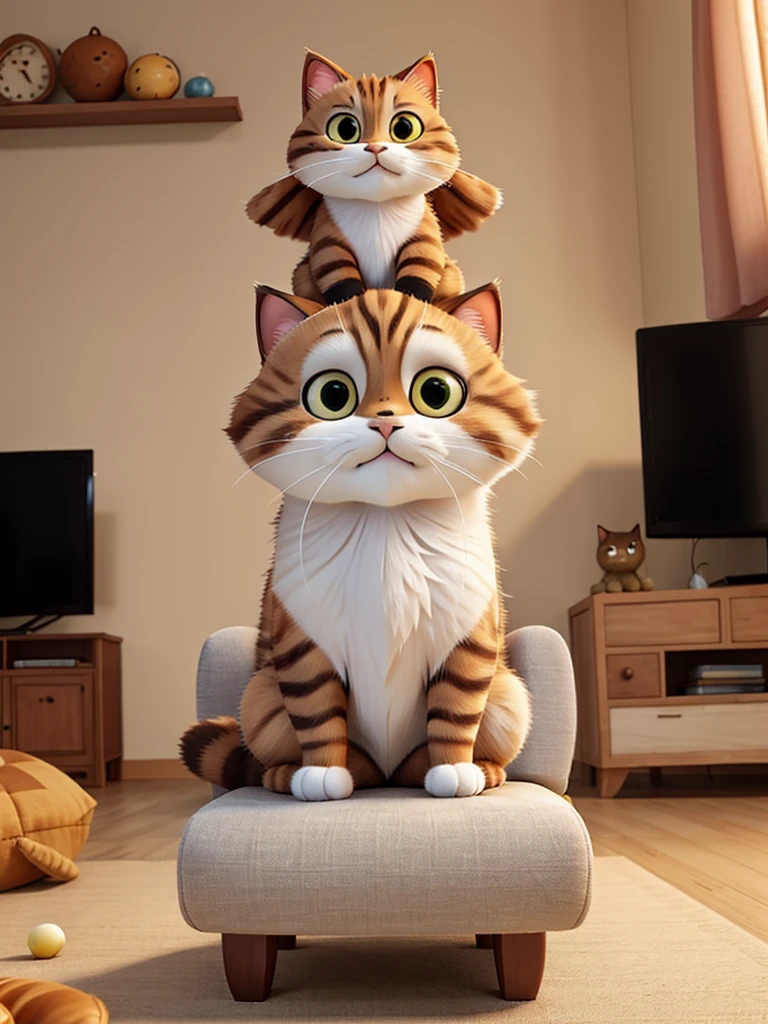 one cat. With big fur, caramel and gray color, sitting not sofa, watching cartoons on TV