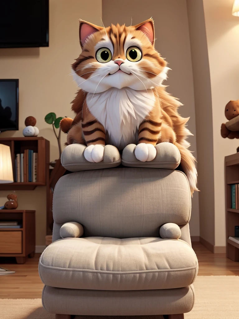 one cat. With big fur, caramel and gray color, sitting not sofa, watching cartoons on TV