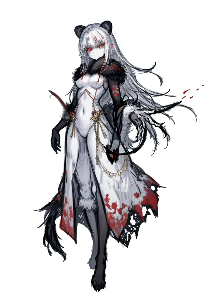 1girl ,white hair,red eyes, pale fur beast, lion's ears, polar, nice clothes,red claws, (high resolution, high detail, best quality), angry