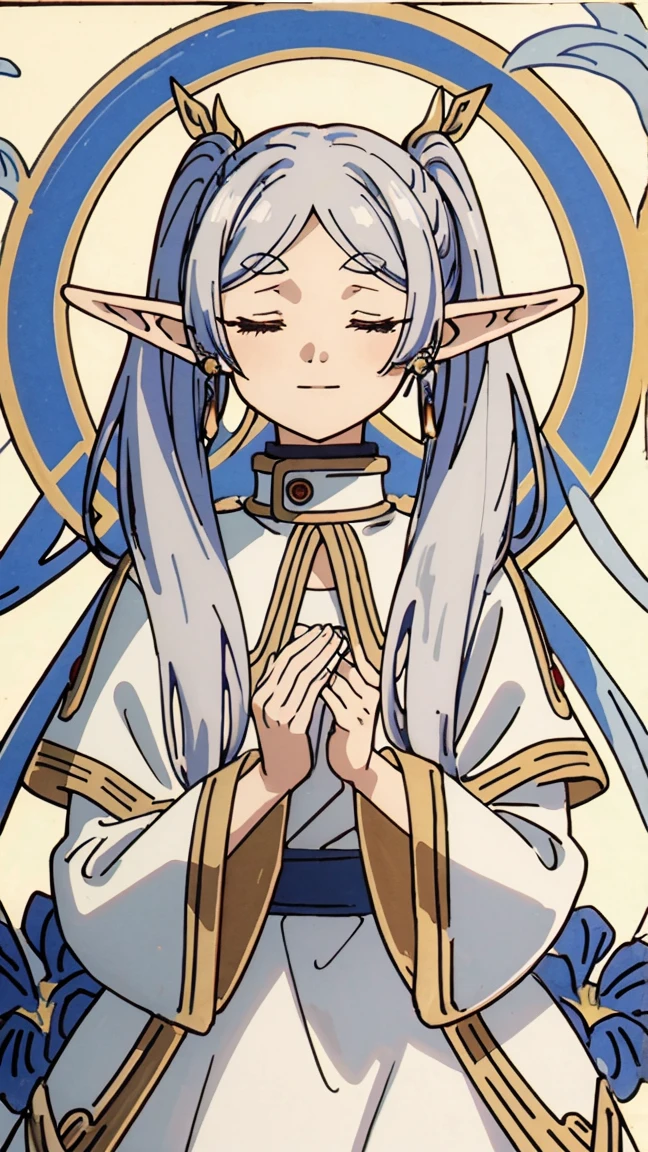 masterpiece, best quality,
Closed eyes, silver hair, solo,bangs, ((art nouveau)), ((blue flowers)), elf, long silver hair, ((ponytails)), ((standing)), ((levitating)), wind, gentle smile, white dress, looking down, ((portrait)), gold