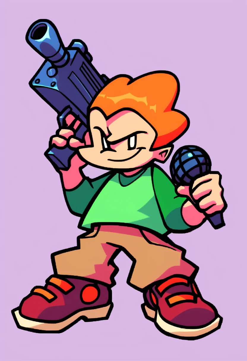 pico, solo, smile, short hair, simple background, shirt, 1boy, holding, standing, full body, weapon, male focus, shoes, pants, holding weapon, orange hair, gun, red footwear, holding gun, microphone, green shirt, holding microphone, brown pants