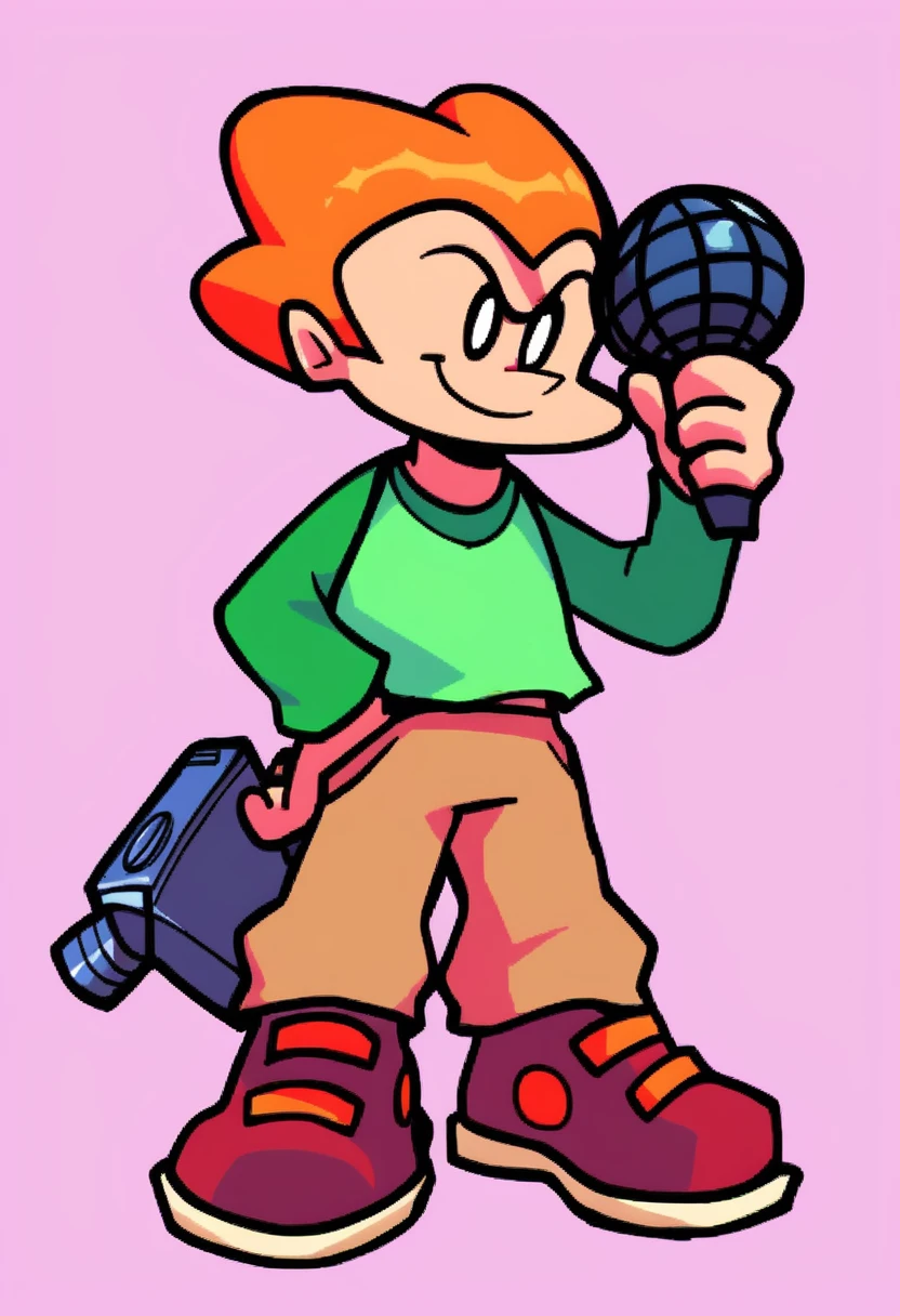 pico, solo, smile, short hair, simple background, shirt, 1boy, holding, standing, full body, weapon, male focus, shoes, pants, holding weapon, orange hair, gun, red footwear, holding gun, microphone, green shirt, holding microphone, brown pants