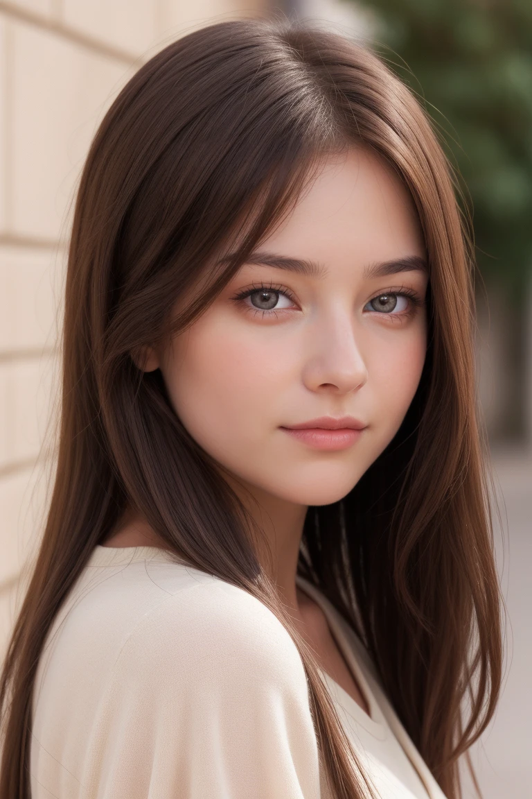 je veux une jeune femme adolescente, yeux marron, brunette, de face, mignonne