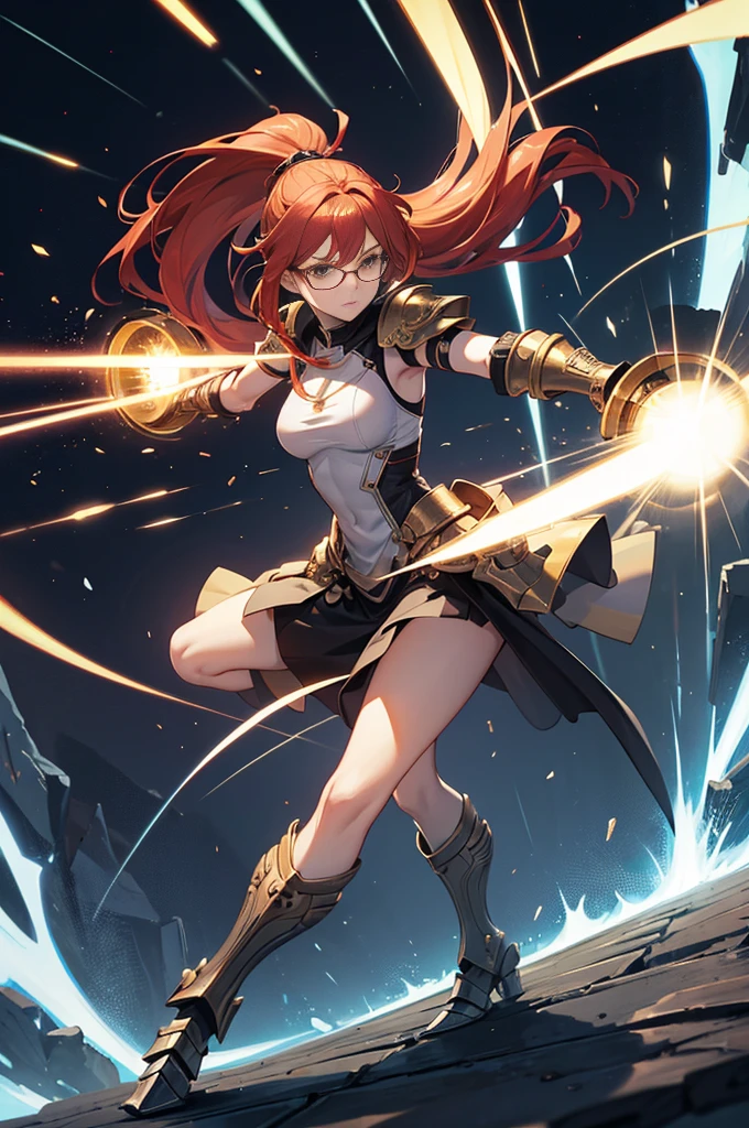 ((Full body photo, standing, feet on the floor)) (2woman),woman walking on way,redhead,huge hair ,ponytail hair,green eyes,fine face,muscular,strong arms,strong lags,(vambrace),(vambrace),(metal vambrases),(((Gauntlet))),t-shirt,white t-shirt,big boots,lighting powers,energy around her,lightning grouing from her,glasses,tactical clothes