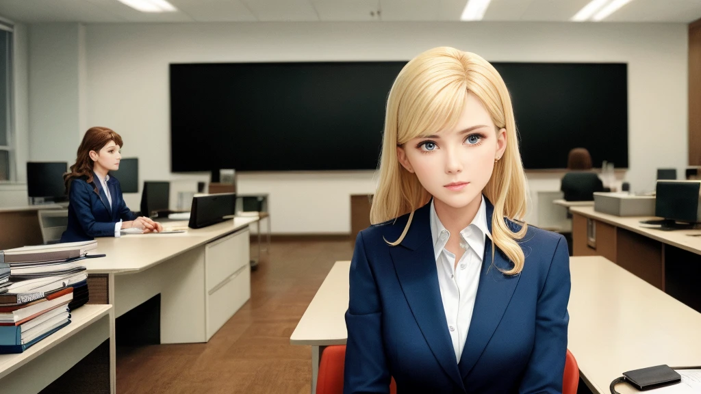 /draw blond woman sitting at desk talking on telephone with computer monitor, 1 9 8 0 s business fashion, business woman, 1 9 8 0 s woman, woman in business suit, young business woman, denis velleneuve, female in office dress, sat at her desk, female lawyer, wearing a strict business suit, serious business, working hard, portrait of kim wexler
