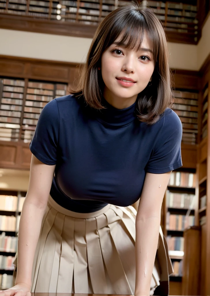 (((neat woman,t-shirt lift with own hands:1.9,underboob:1.9,leaning forward,from below,deep make up:1.8))),(((kind smile:1.8,blush:1.8,deep cheek:1.8))),please touch me,eat me,tempting viewer,i want you))),(((blush,blush,deep cheek,deep cheek)))),(cinematic lighting), (Photo real:1.4)、(A hyper-realistic:1.4)、(Photorealistic:1.3)、 (gentle lighting: 1.05)、(Improve the lighting quality of your video:0.9)、 32k、25years old woman、photorealistic lighting、Back lighting、Facial Lights、Ray Trace、(bright:1.2)、(Increase quality:1.4)、 (best quality real texture skin)、Fair eyes,delicate face、 Close-up of the face, ((((Wearing the tight navy cotton t-shirts,high-neck,pleated beige skirt,high-heel:1.4))),(Bodyline mood improvement:1.1)、Glossy skin、good figure,perfect anatomy,Beautiful actress,(((beautiful huge soft breasts:1.8,huge breasts,slender waist,slender hip,long slender legs,8heads tall))),(((8heads tall))),(((brown wavy midium hair,bangs))),(((sweat skin,shiny skin,in the beautiful library,super clean night view,in the night))),