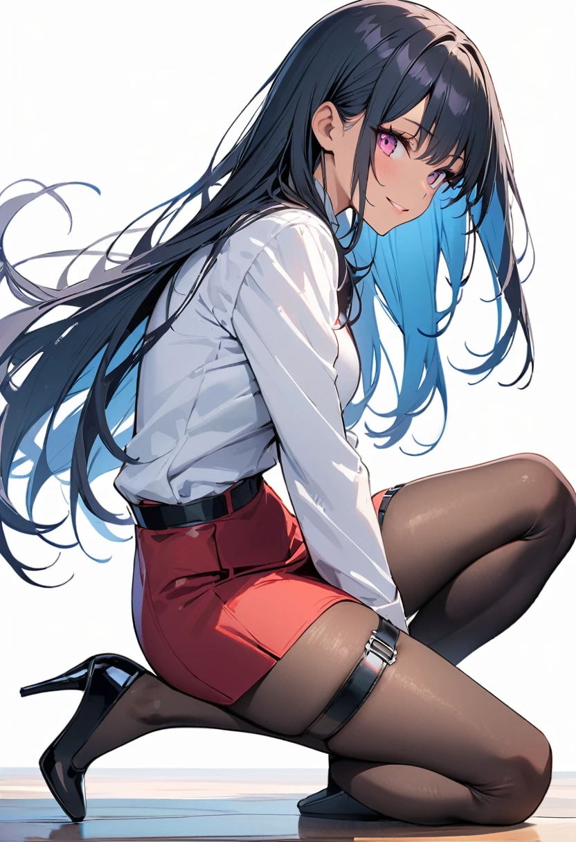 (masterpiece:1.2),Highest quality,Pixiv ,One girl,alone,Long Hair,pantyhose,skirt,View your viewers,High heels,smile,Black footwear,red skirt,White background only,Long sleeve,whole body,high-waist skirt,From the side,One knee,Black Hair,pencil skirt,Thigh straps,Pink Eyes,chest,Jacket,shirt,Straight hair,black Jacket,Blue Hair,Dark Skin, blue eyes,Part your lips,Look to the side、white background only