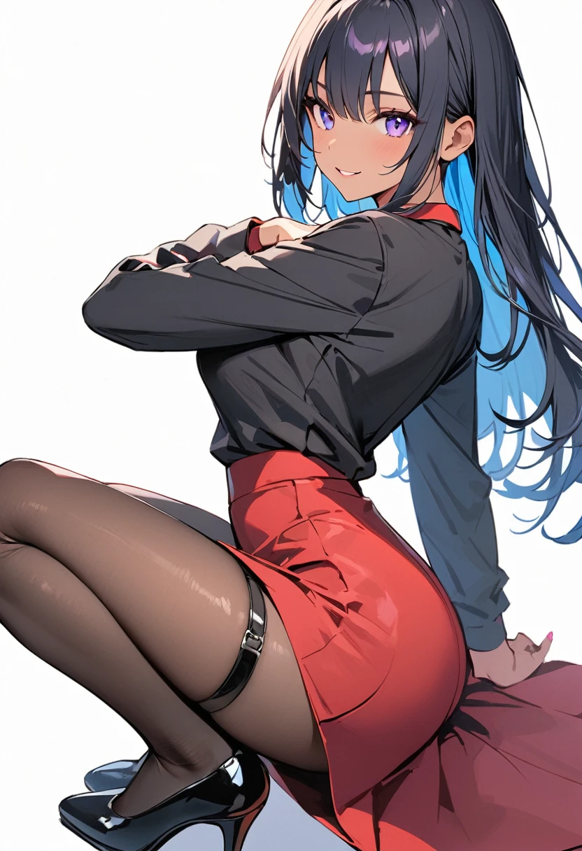 (masterpiece, best quality:1.2), 1girl, solo, sabrina, pokemon, long hair, purple hair, blunt bangs, red eyes, red sweater dress lift,(white gloves:1.2), black sash, (black leggings:1.1), (bodysuit:1.1), pantyhose, large breasts, knee boots,, panties under pantyhose, panty shot, nsfw