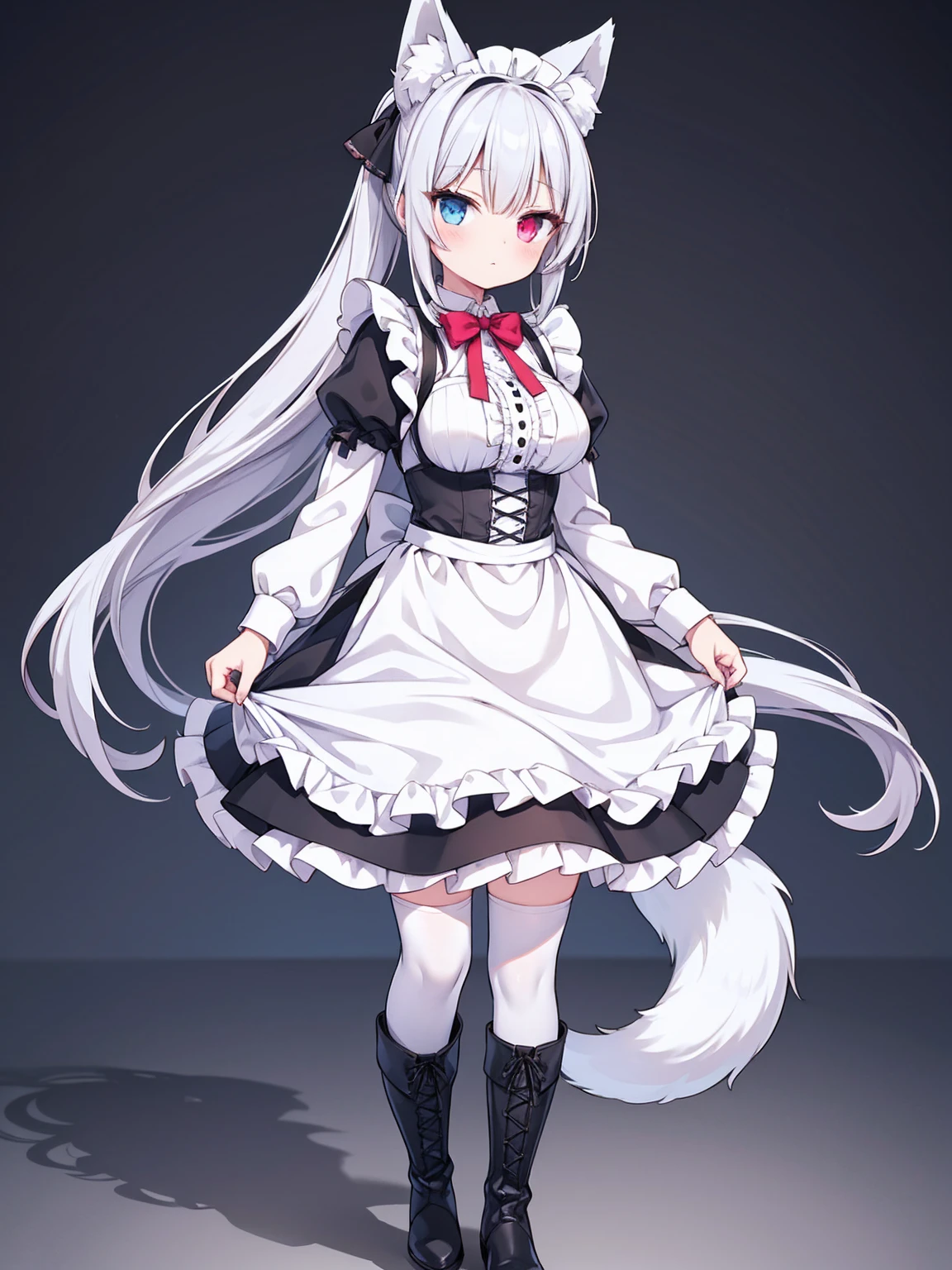 masterpiece, top quality, super detailed, CG illustration, high resolution, better lighting, best shadows, very delicate and beautiful, proper shading, hd, 8k,1girl, solo, long hair, breasts, looking at viewer, bangs, blue eyes, skirt, simple background, shirt, thighhighs, long sleeves, white background, bow, holding, animal ears, closed mouth, standing, full body, Silver eyes, white shirt, ponytail,grey hair, boots, frills, FOX ears, hand up, bowtie, black skirt, cape, black footwear,apron, white thighhighs, animal ear fluff, maid, maid headdress, heterochromia, knee boots, waist apron, white apron, corset, cross-laced footwear, frilled apron, underbust, Black cape