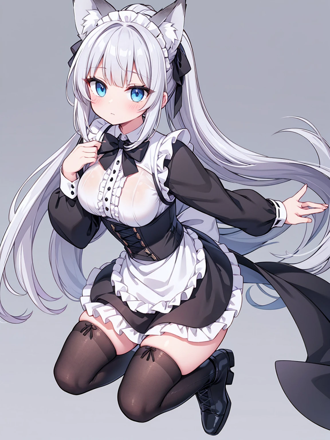 masterpiece, top quality, super detailed, CG illustration, high resolution, better lighting, best shadows, very delicate and beautiful, proper shading, hd, 8k,1girl, solo, long hair, breasts, looking at viewer, bangs, blue eyes, skirt, simple background, shirt, thighhighs, long sleeves, white background, bow, holding, animal ears, closed mouth, standing, full body, Silver eyes, white shirt, ponytail,grey hair, boots, frills, FOX ears, hand up, bowtie, black skirt, cape, black footwear,apron, white thighhighs, animal ear fluff, maid, maid headdress, heterochromia, knee boots, waist apron, white apron, corset, cross-laced footwear, frilled apron, underbust, Black cape
