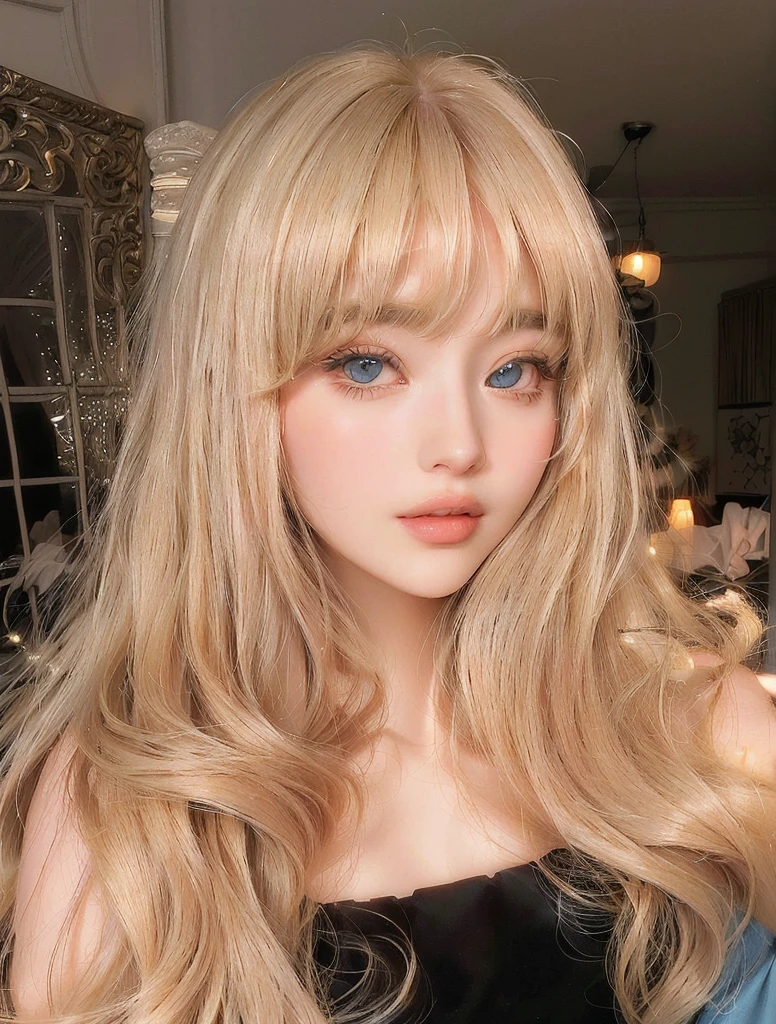 blond woman with long hair and blue eyes posing for a picture, with bangs, portrait of kim petras, long blonde hair and large eyes, blonde hair and large eyes, with full bangs, long hair with bangs, fluffy bangs, curtain bangs, long hair with full bangs, long blonde hair and big eyes, center parted bangs, neat hair with bangs