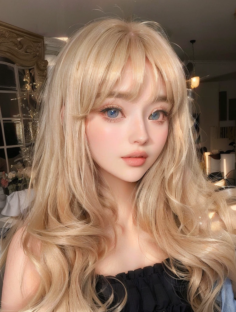 blond woman with long hair and blue eyes posing for a picture, with bangs, portrait of kim petras, long blonde hair and large eyes, blonde hair and large eyes, with full bangs, long hair with bangs, fluffy bangs, curtain bangs, long hair with full bangs, long blonde hair and big eyes, center parted bangs, neat hair with bangs