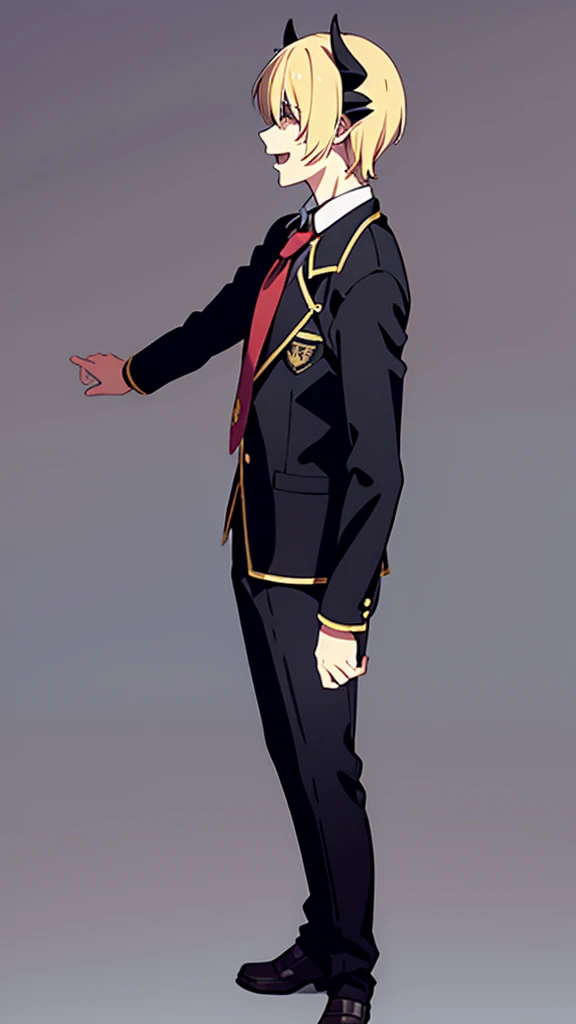 1boy,18s,short hair,blonde hair,smile,solo,(no background, simple background),red necktie,black jacket, blazer,long sleeves,pants,horns,black Blindfold,open mouth,profile,standing