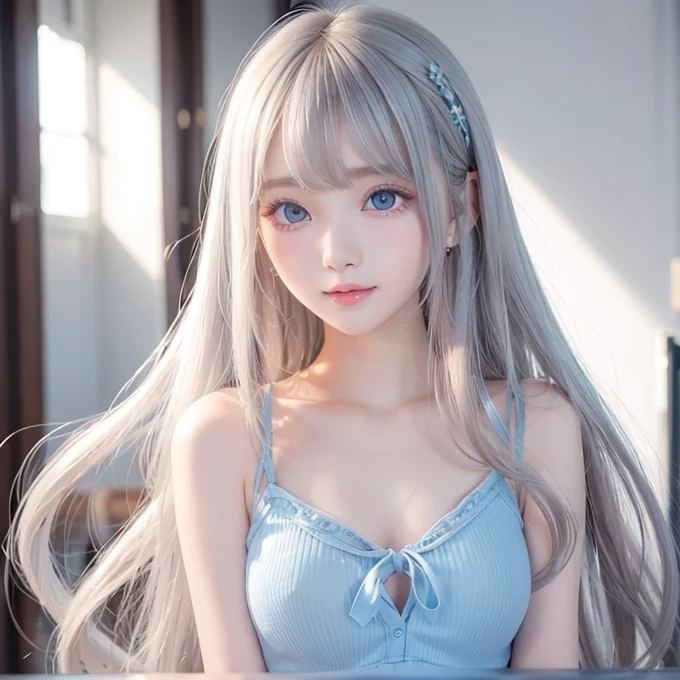 silver shiny hair、Super long straight silky hair、Dazzling blonde super long silky hair、16 years old cute little beautiful face、A beautiful girl、Sparkling blonde dancing in front of a pretty face、Long, silky bangs that cover the space between the eyes、Very beautiful, bright, large, light blue eyes、Very big eyes、Hair that hides the face、Sexy pretty young woman with super long bangs、Very white skin、Cheek gloss highlighter、Small Face Beauty、Round face、Cute Shirts、Ample Bust, embarrassed face、Smiling Face、One piece dress、