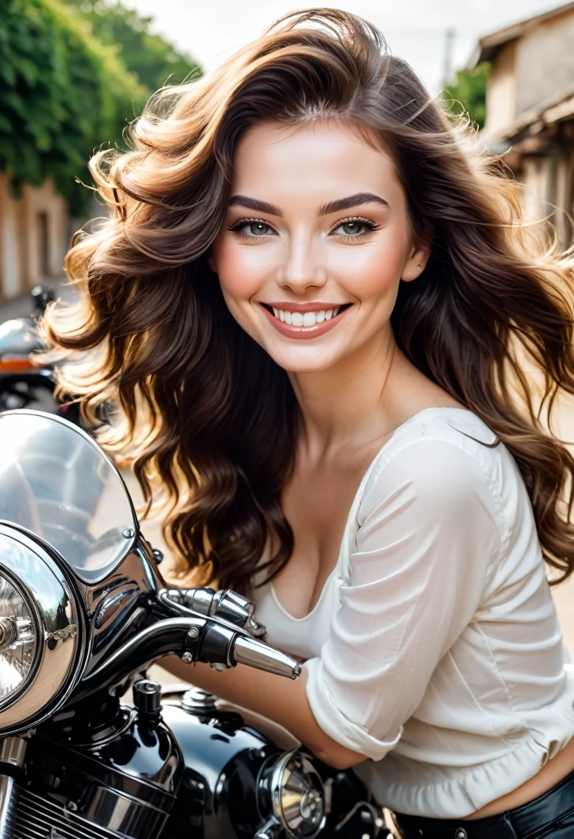 Create a young woman of 26 years with straight wavy hair and white skin fixing a classic motorcycle smiling 