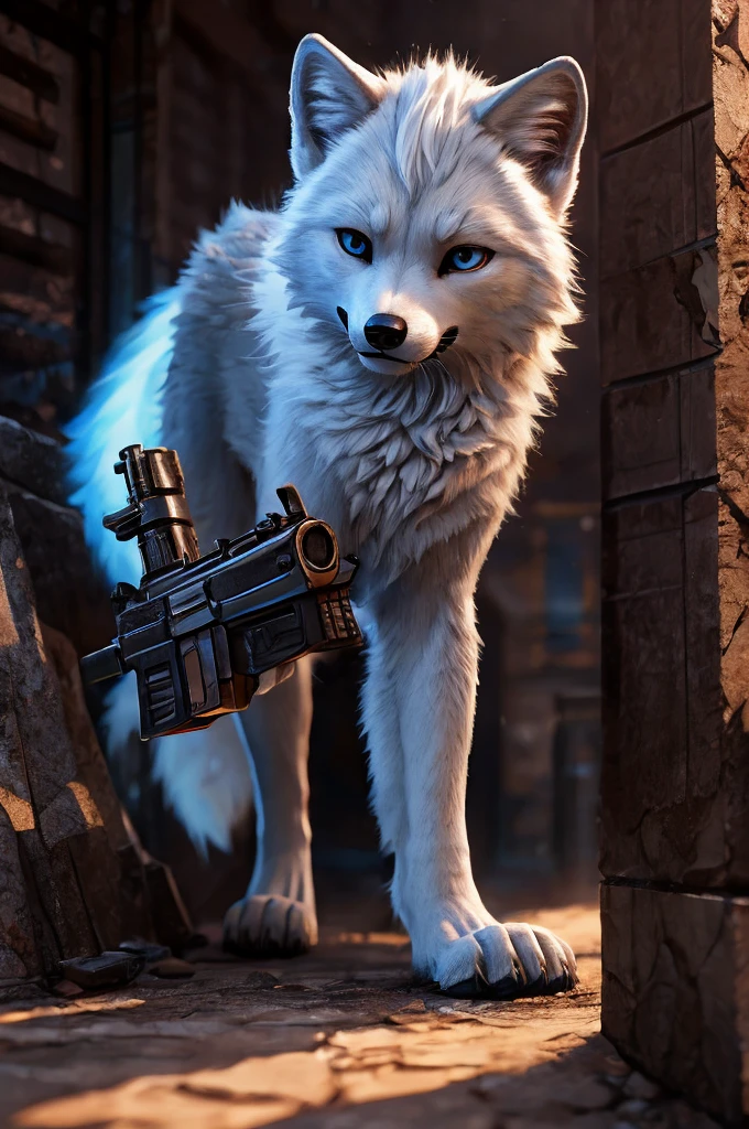 a male arctic fox holding a gun, white hair with light blue tips, ground, cute, detailed face, intricate fur texture, realistic lighting, cinematic composition, muted color palette, dramatic shadows, photorealistic, 8k, highly detailed, masterpiece