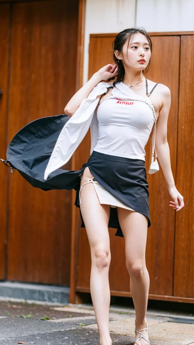 (((Big Breasts:1.52)))、((Viewing angle from below、Highest quality、masterpiece、32k、Every detail))、Descend the outdoor stairs、commute、Systemic symptoms、Very loose camisole、Pleated skirt、(((A strong wind blows my hair and skirt away:1.62)))、((Shoulder strap can be worn diagonally:1.83))((Extremely precise and accurate anatomy:1.0)), (photo Realistic:1.4), (hyper Realistic:1.4), (Highest qualityのRealisticな肌の質感:1.4), (Improvement of quality:1.4), (Enhances the beauty of skin texture:1.1), Clean and glowing skin, mesh, thin:1.2, (Realistic:1.3), Realisticなライティング, (Smoother lighting:1.05), (Improving the quality of cinema lighting:0.9), Backlight, A gentle light on your face, Ray Tracing, (Bright light:1.2), 32k, One Japanese woman, fine grain, Detailed face, (Film Grain:1.1),(Accentuates body lines:1.1), High resolution, Natural look, Kind eyes, Improves hair quality, Delicate light and shadow, 、One Girl, alone、(((mini skirt, No underwear:1.22)))、Big Breasts、barefoot, High heels
