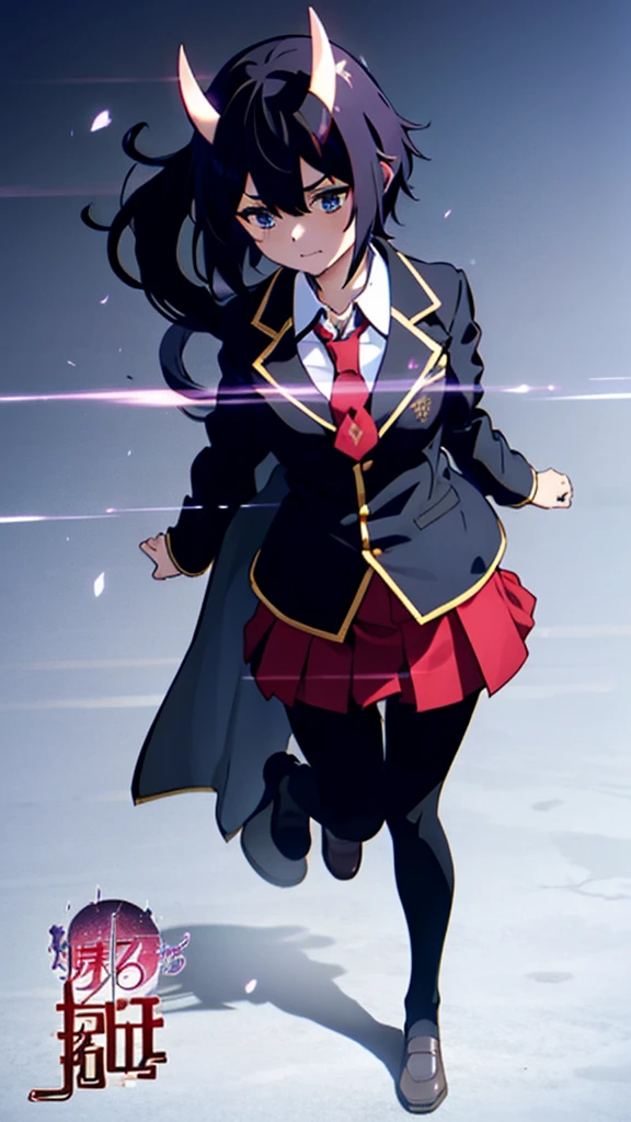1girl ,20s,mature female,short hair,dark blue hair,oni horns,(simple background),red necktie,black jacket, blazer,long sleeves,pleated skirt,full body,running,scared