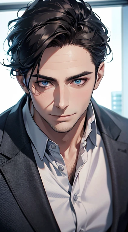 (best quality,4k,8k,highres,masterpiece:1.2),ultra-detailed,(realistic,photorealistic,photo-realistic:1.37),1 man,31 years old,mature man,very handsome,without expression,smile,short grey black hair,blue eyes,penetrating gaze,perfect face without errors,imposing posture,businessman,office background,cinematic lighting,hdr image