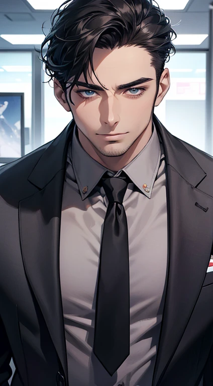 (best quality,4k,8k,highres,masterpiece:1.2),ultra-detailed,(realistic,photorealistic,photo-realistic:1.37),1 man,31 years old,mature man,very handsome,without expression,smile,short grey black hair,blue eyes,penetrating gaze,perfect face without errors,imposing posture,businessman,office background,cinematic lighting,hdr image