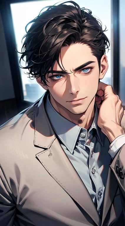 (best quality,4k,8k,highres,masterpiece:1.2),ultra-detailed,(realistic,photorealistic,photo-realistic:1.37),1 man,31 years old,mature man,very handsome,without expression,smile,short grey black hair,blue eyes,penetrating gaze,perfect face without errors,imposing posture,businessman,office background,cinematic lighting,hdr image