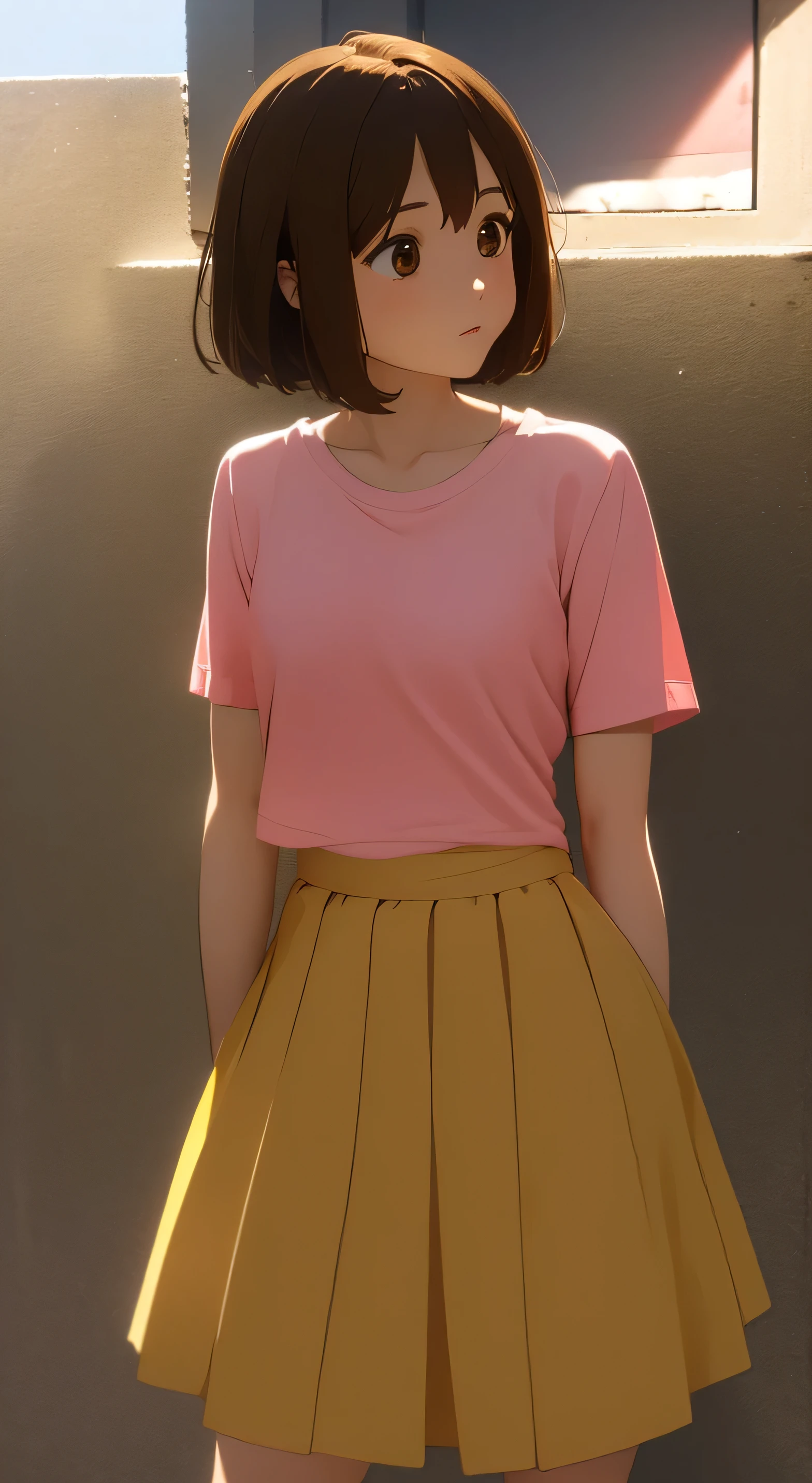 1girl, ​masterpiece, top-quality, top-quality, High Details, Twin-yellow hairpin, brown hair, brown eyes, pink tee, short slevved tee'  yellow skirt, white skirt, short hair, daytime, outdoors, smling, HDR, (((up chest))).