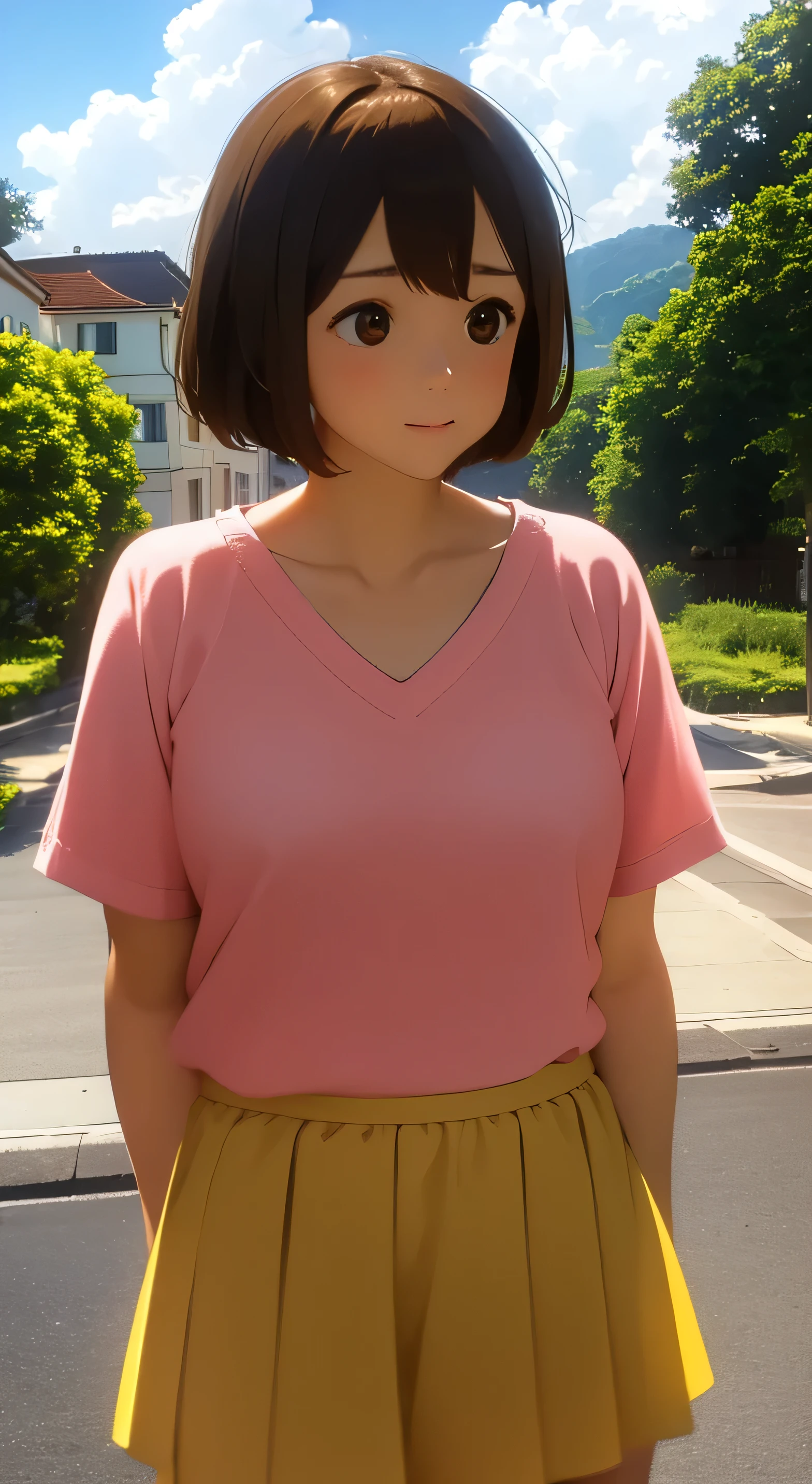 1girl, ​masterpiece, top-quality, top-quality, High Details, Twin-yellow hairpin, brown hair, brown eyes, pink tee, short slevved tee'  yellow skirt, white skirt, short hair, daytime, outdoors, smling, HDR, (((up chest))).