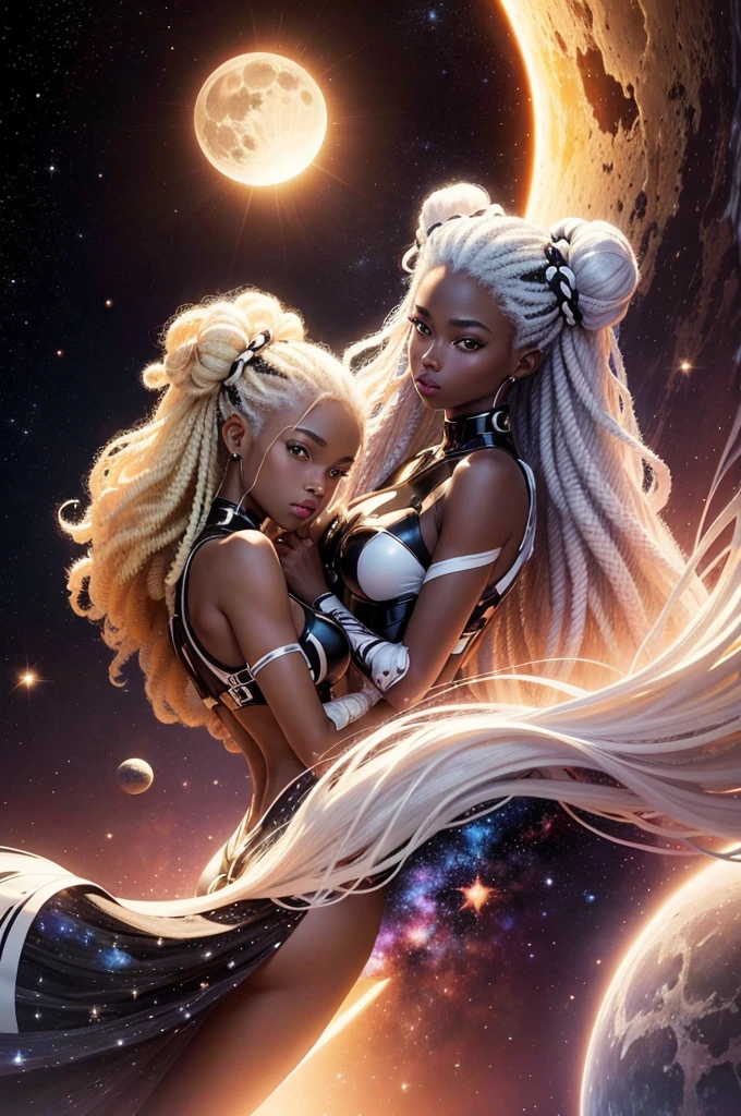 black twin sisters, moon and sun, magie, background of a galaxy, one with blonde hair and the other with white hair, [[dark ski]], afro, darkskin, Perfect Anatomia, black and white space suit