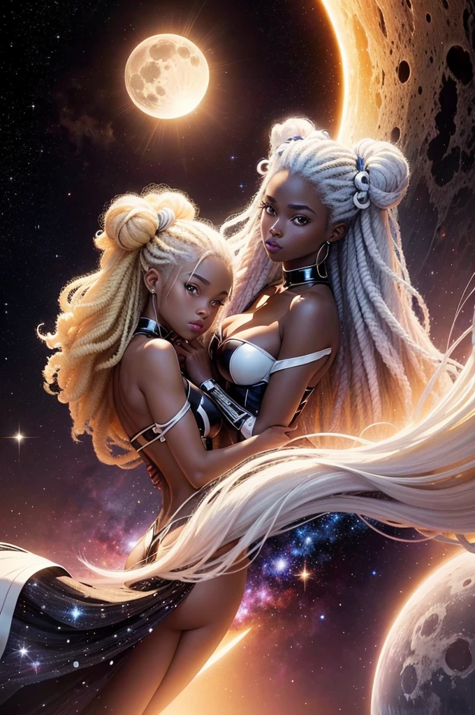 black twin sisters, moon and sun, magie, background of a galaxy, one with blonde hair and the other with white hair, [[dark ski]], afro, darkskin, Perfect Anatomia, black and white space suit