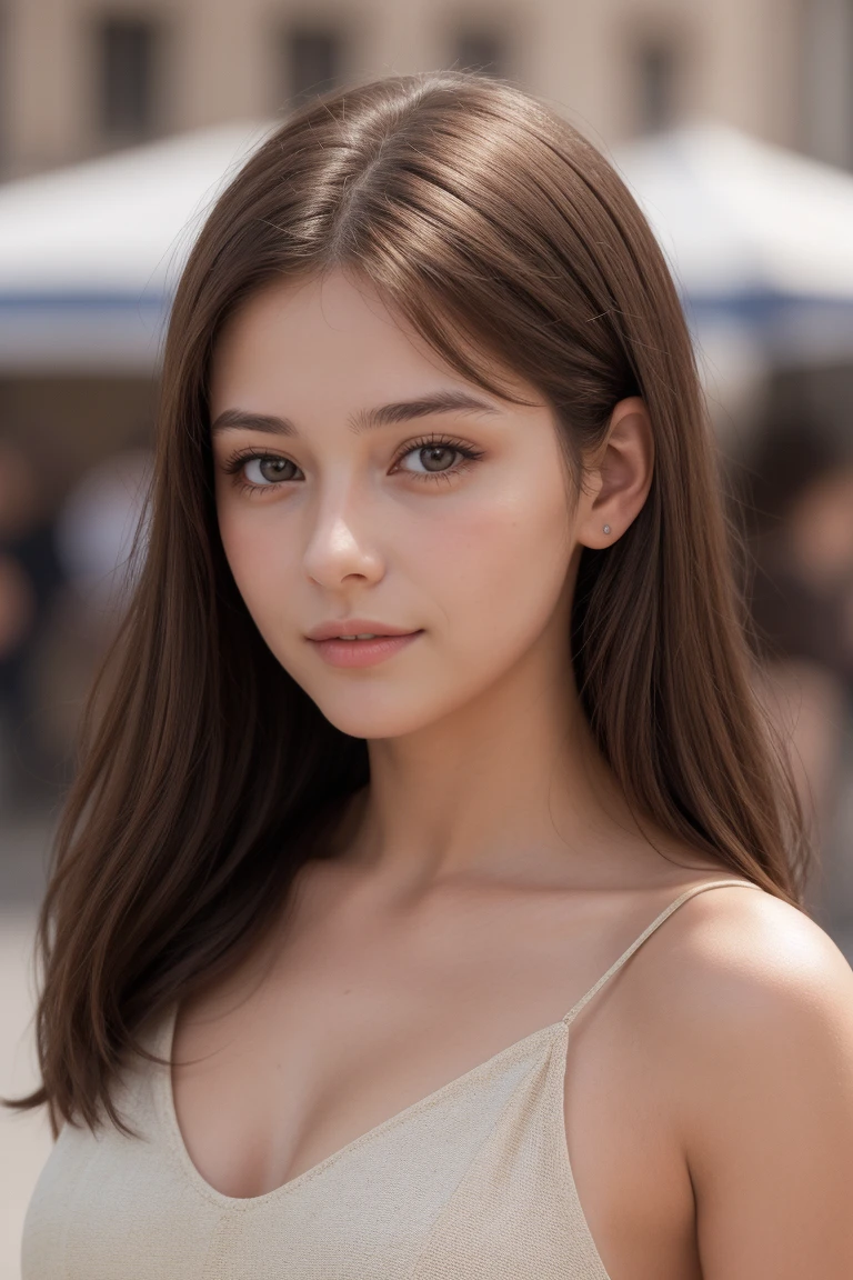 je veux une jeune femme adolescente, yeux marron, brunette, de face, mignonne, cheveux attaché, européenne, bronzé