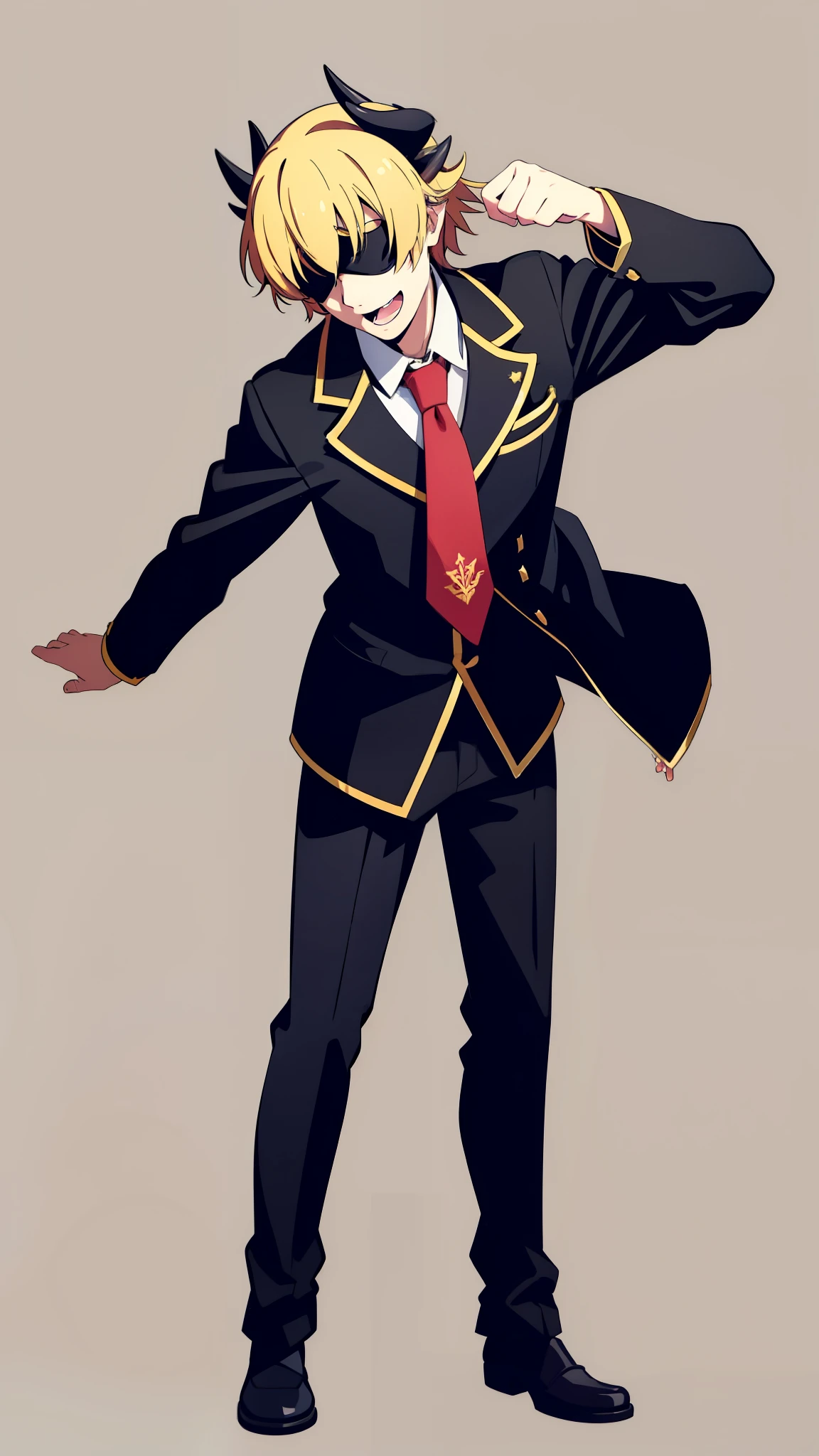 1boy,18s,short hair,blonde hair,smile,solo,(no background, simple background),red necktie,black jacket, blazer,long sleeves,pants,horns,black Blindfold,open mouth,profile,standing