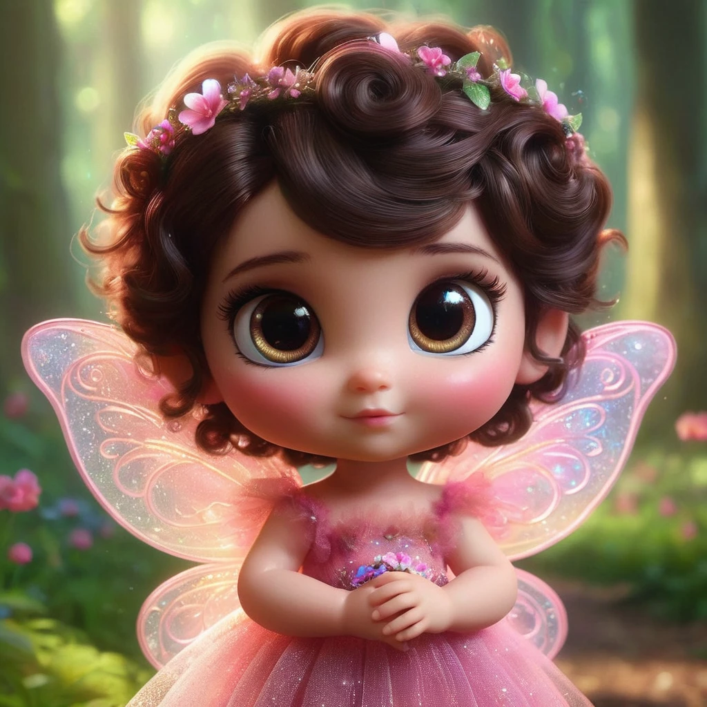 (best quality, 4k, 8k, high resolution, masterpiece: 1.2), ultra-detailed, realistic,  fairy standing in the forest, the fairy has fair skin, brown eyes and curly dark brown hair with well-defined curls, delicate fairy wings, wears a pink tulle dress decorated with translucent blue and pink flowers, bright fairy dust, soft and ethereal, intense sunlight, enchanted garden, resplendent dew drops, extravagant expression, fairy magic wand, small floral garland, vibrant green grass, majestic tall trees, gentle breeze, subtle warm tones, sublime lighting