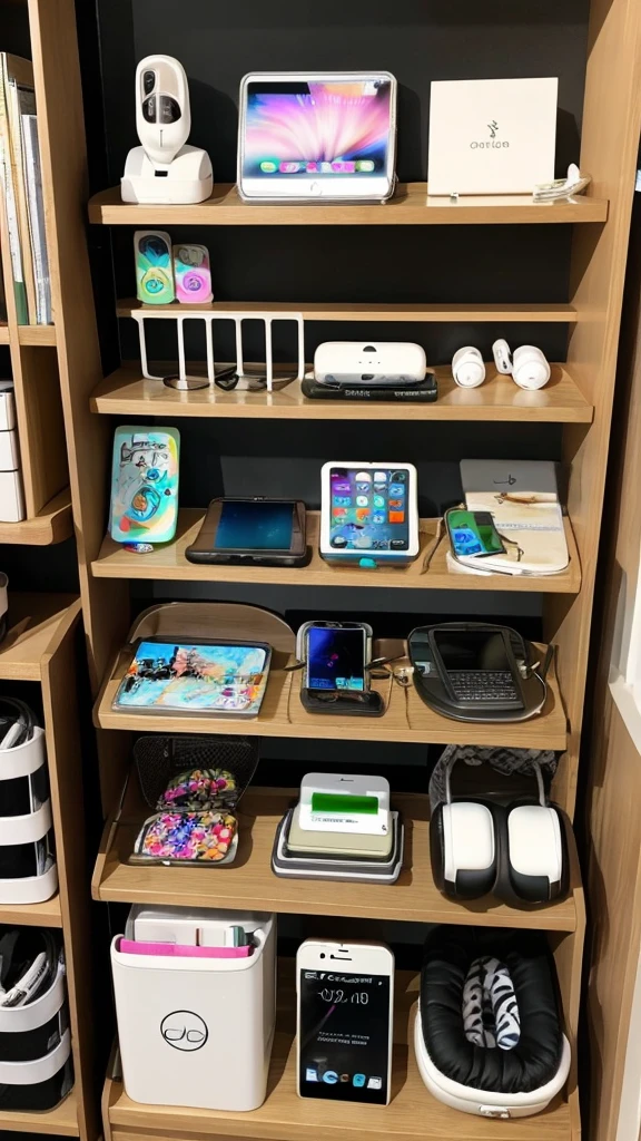 Create a picture of a shelf with cell phones headphones, new chargers and other electronics for sale