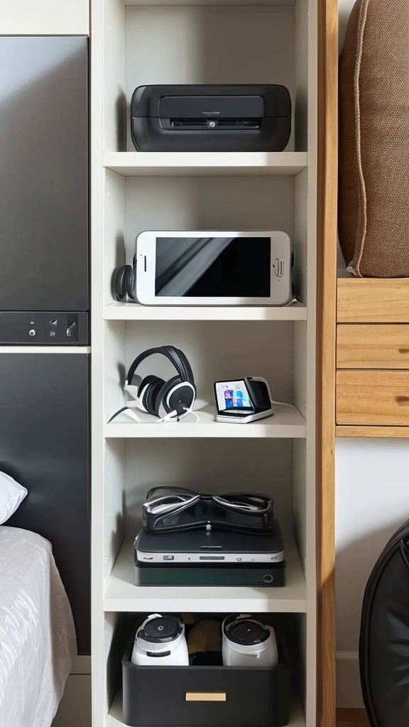 Create a picture of a shelf with cell phones headphones, new chargers and other electronics for sale 