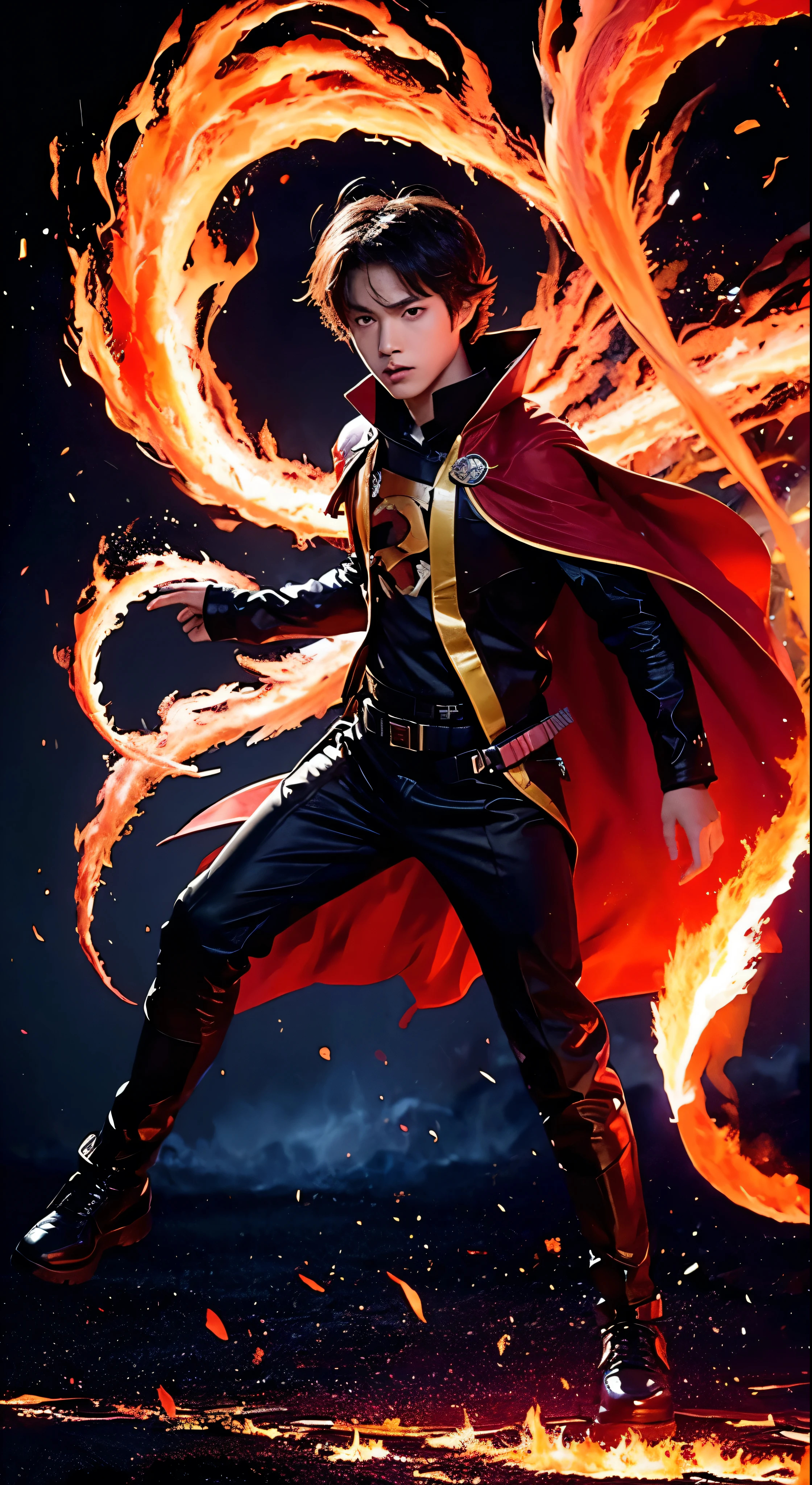 (1boy,solo),full body, gradient_background, ((burning,breathing fire, explosion,fiery tail)), torn clothes,cape,horns,holding_sword, 